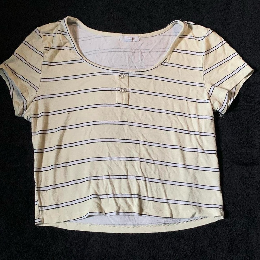 3 For $25 Ardene Striped Pale Yellow Cropped Henley Tee Small
